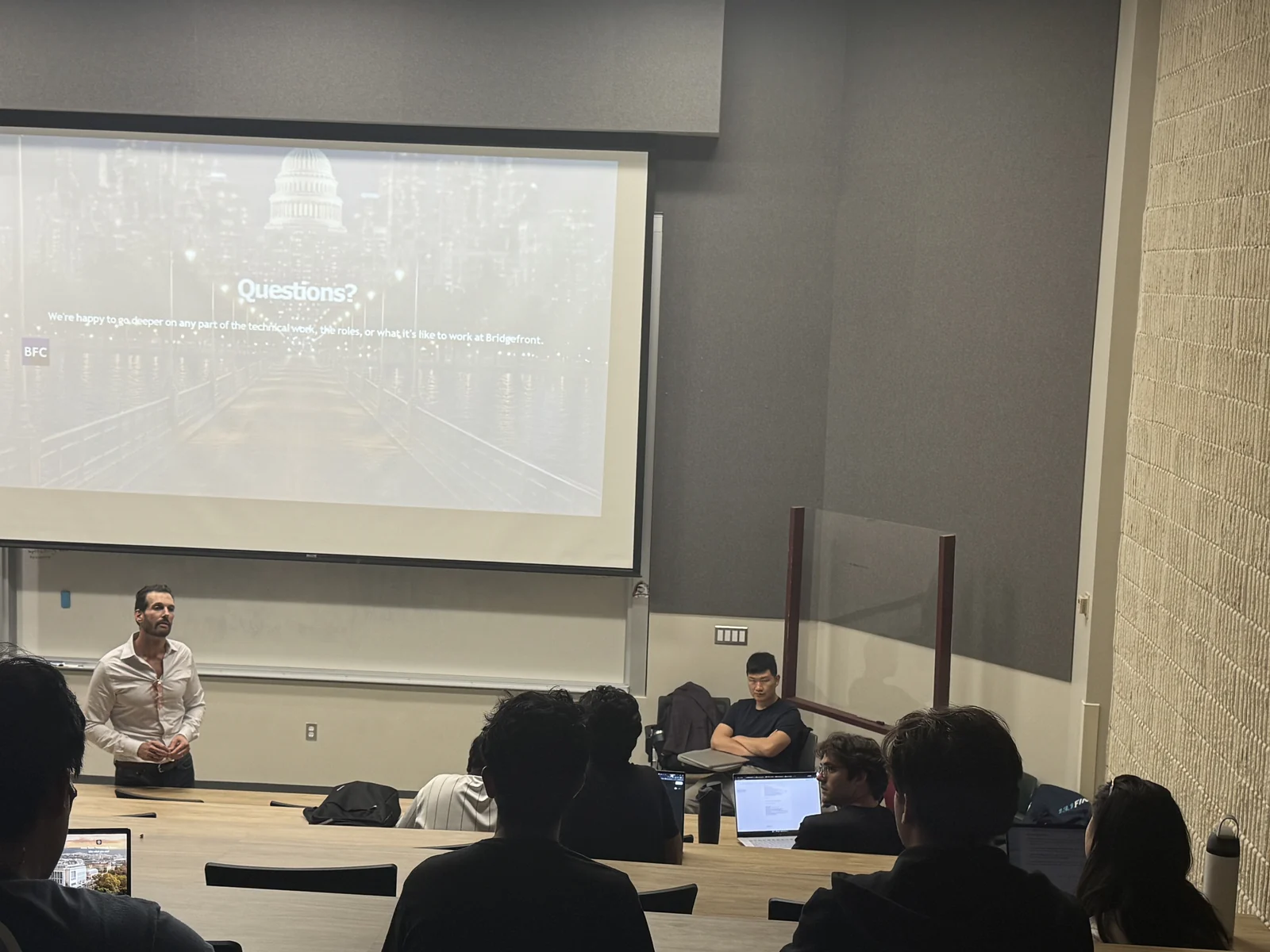 Bridgefront speakers and AggieQuant members during the question-and-answer discussion
